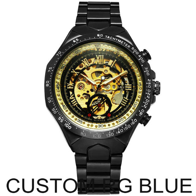 WINNER 432 Gold Clock Wrist Watches Skeleton Display Mechanical Automatic