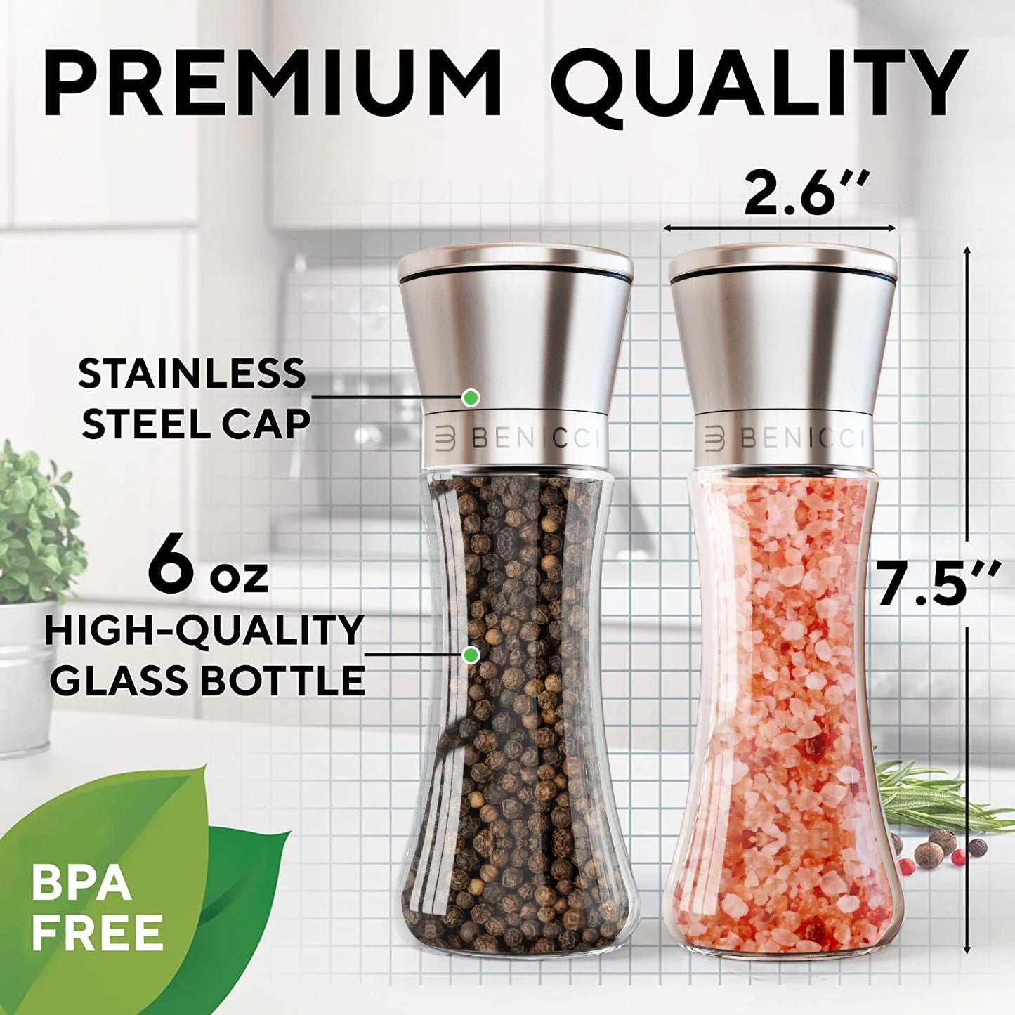 Beautiful Stainless Steel Salt & Pepper Grinders Refillable Set - Two 7 oz Salt / Spice Shakers with Adjustable Coarse Mills - Easy Clean Ceramic Grinders with BONUS Silicone Funnel and Cleaning Brush