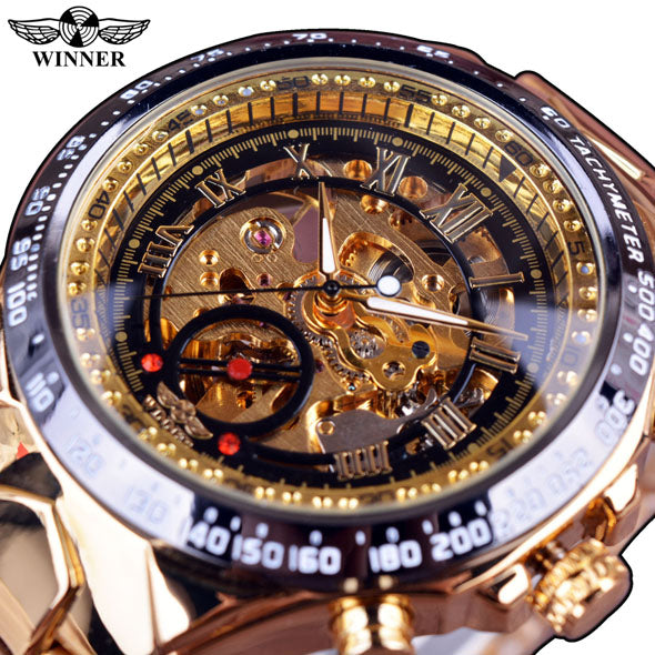 WINNER 432 Gold Clock Wrist Watches Skeleton Display Mechanical Automatic