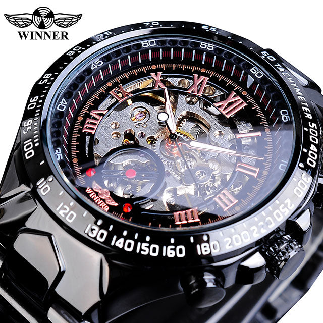 WINNER 432 Gold Clock Wrist Watches Skeleton Display Mechanical Automatic