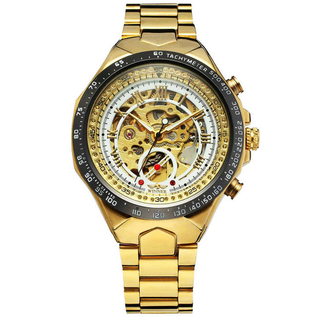 WINNER 432 Gold Clock Wrist Watches Skeleton Display Mechanical Automatic