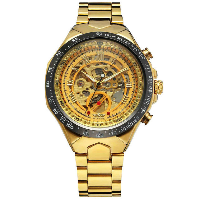 WINNER 432 Gold Clock Wrist Watches Skeleton Display Mechanical Automatic