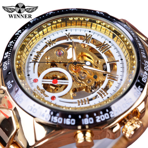 WINNER 432 Gold Clock Wrist Watches Skeleton Display Mechanical Automatic