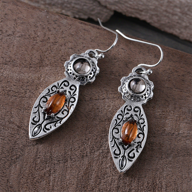 European And American New Retro Pattern Two-tone Gemstone Earrings