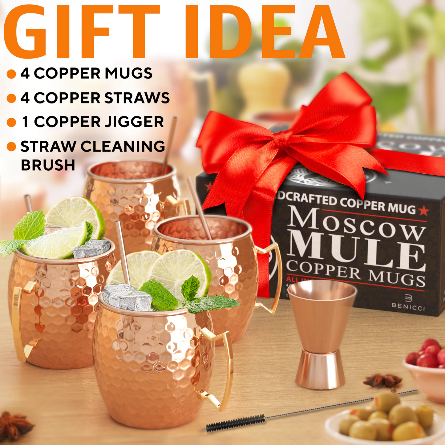 Moscow Mule Copper Mugs - Set of 4 - 100% HANDCRAFTED - Food Safe Pure Solid Copper Mugs - 16 oz Gift Set with BONUS: Highest Quality Cocktail Copper