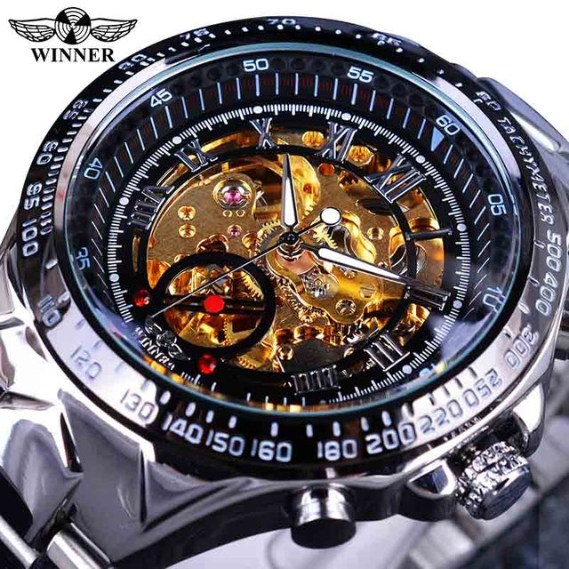 WINNER 432 Gold Clock Wrist Watches Skeleton Display Mechanical Automatic