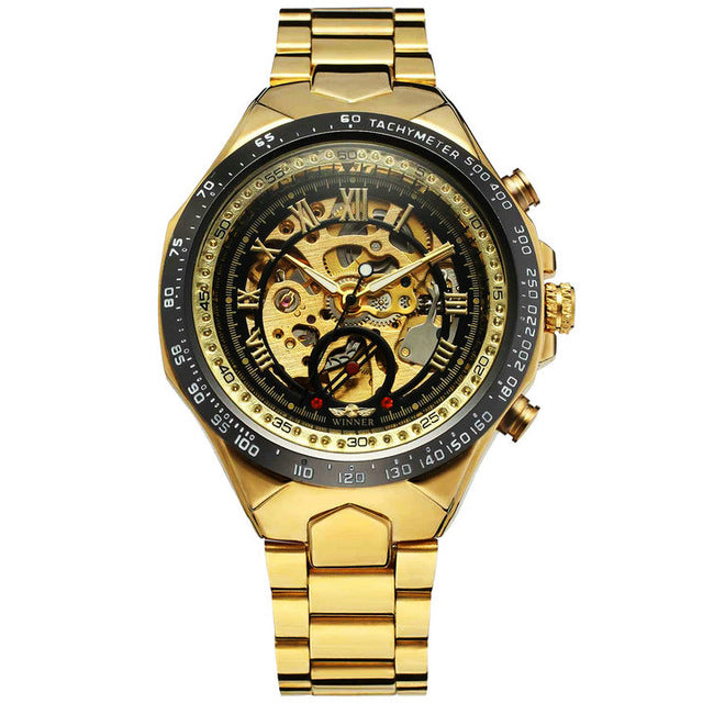 WINNER 432 Gold Clock Wrist Watches Skeleton Display Mechanical Automatic