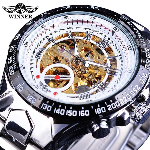 WINNER 432 Gold Clock Wrist Watches Skeleton Display Mechanical Automatic